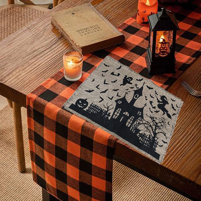 Jute-Tischläufer Halloween Spukhaus-Print mit Fransenrand