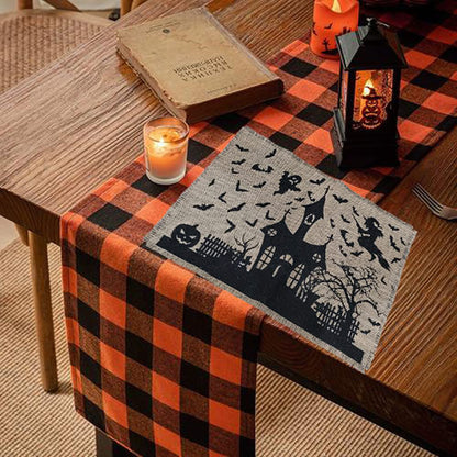 Jute-Tischläufer Halloween Spukhaus-Print mit Fransenrand
