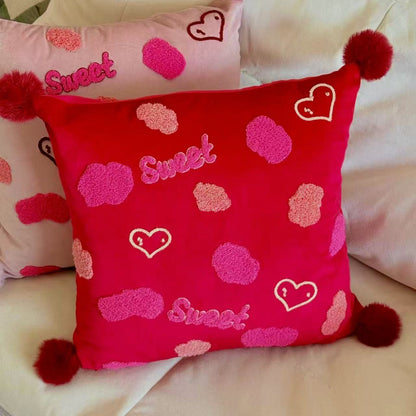 Buntes Chenille-geplüschtes quadratisches Wurfkissen mit plüschigen Pom-Pom-Ecken und abnehmbarem Einsatz