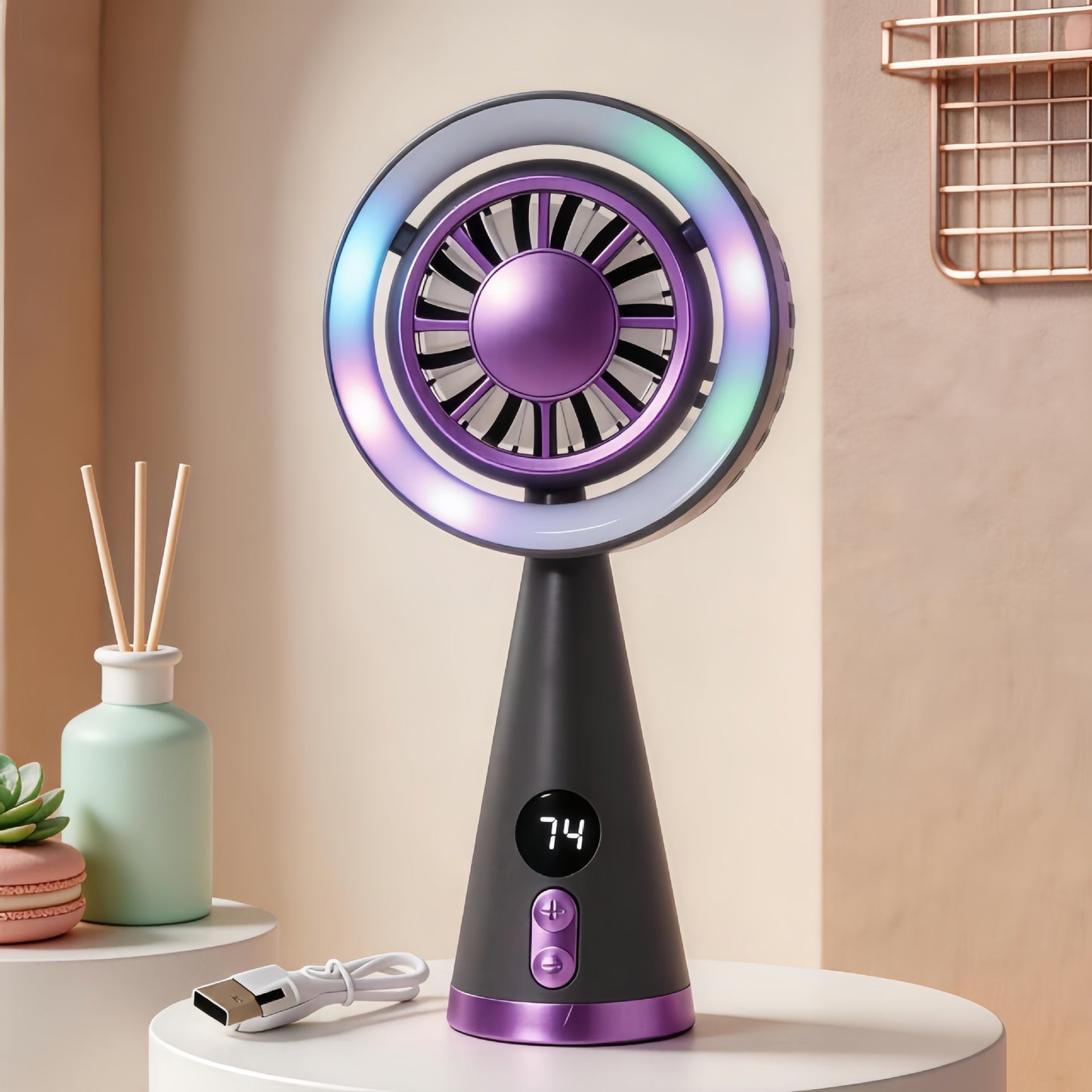 Damen Tragbarer Mini-Ventilator mit LED-Beleuchtung und digitaler Geschwindigkeitsanzeige Brehn