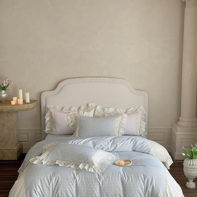 Hahnentritt Baumwolle Sateen Bettbezug Set mit Rüschenschlafkissen