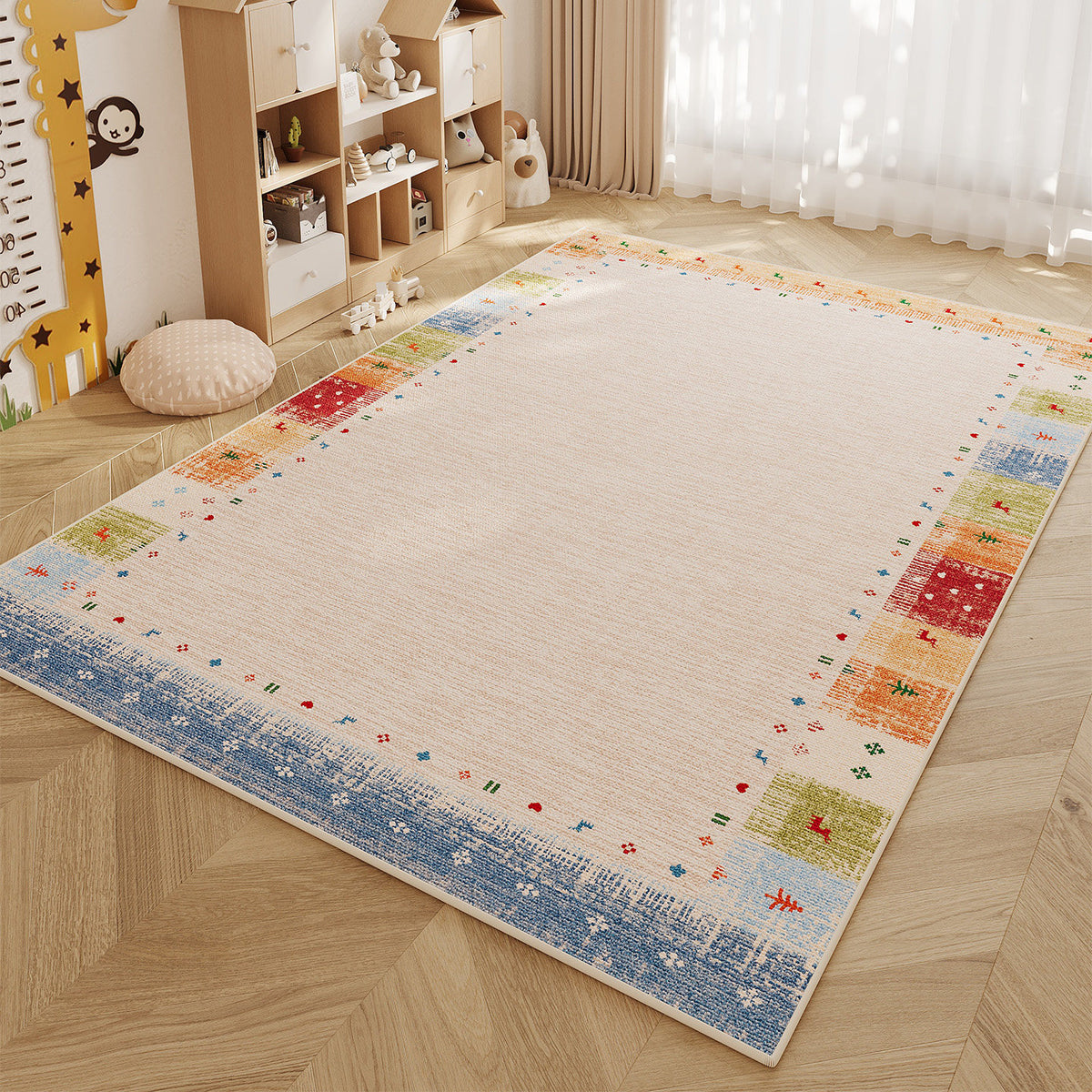 Low-Pile Kids' Playroom Area Rug with Colorful Patchwork Border