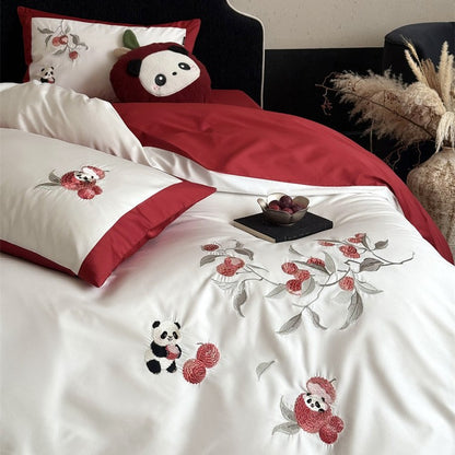 Bestickte Baumwollsatin-Bettwäschegarnitur mit floraler Apfel- und Panda-Applikation Brehn