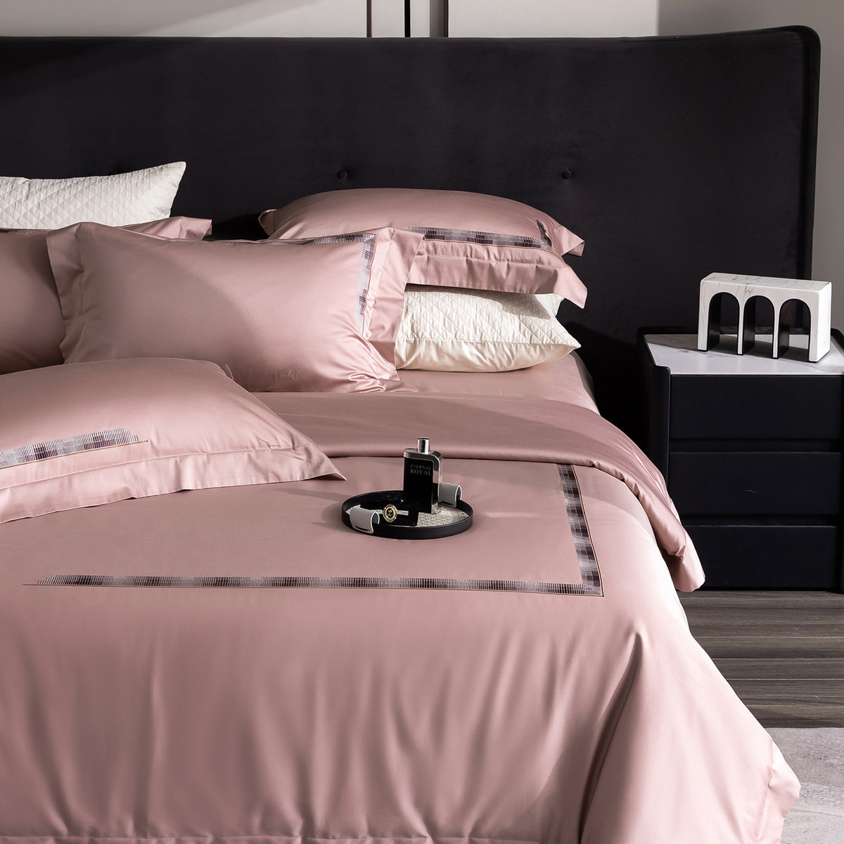 Luxus ägyptisches Baumwollsatin Bettwäsche Set mit besticktem Rand