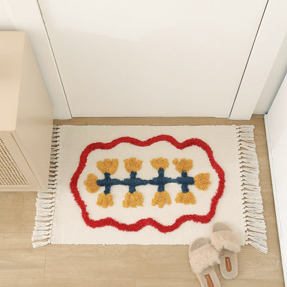 Handgewebter Baumwoll-Badmattenteppich mit Tufting-Blumenapplikation und Quasten Brehn