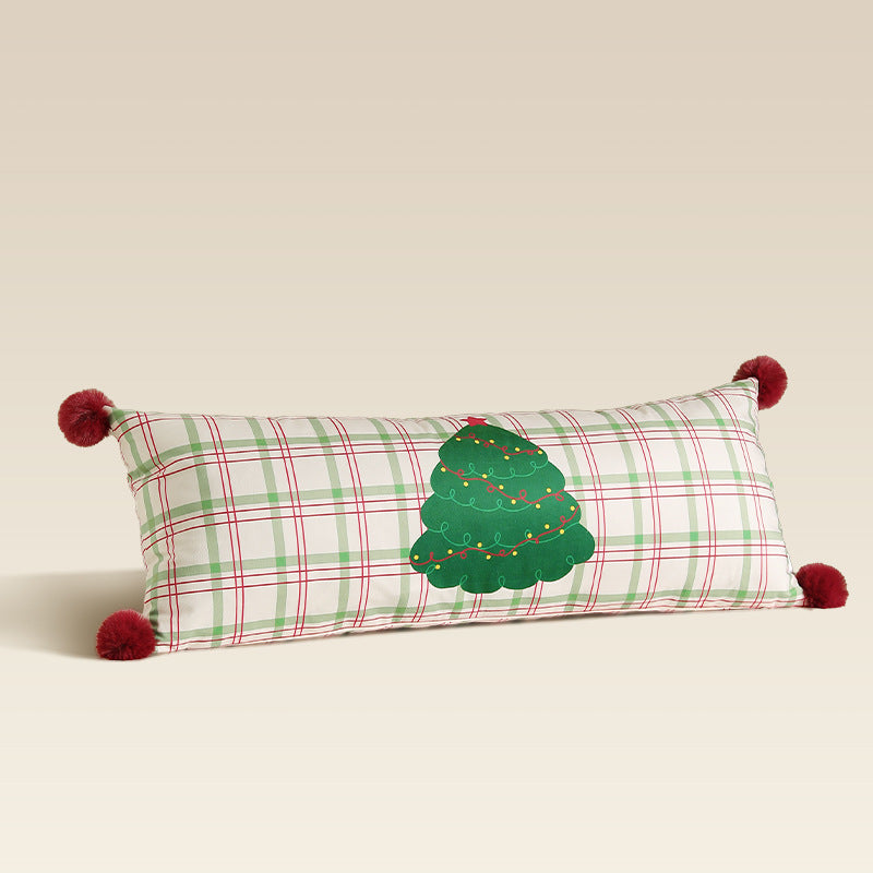 Langes dekoratives Lenden- und Nackenkissen im Weihnachts-Karo mit Pompon und Hund‑Baum‑Motiv Brehn
