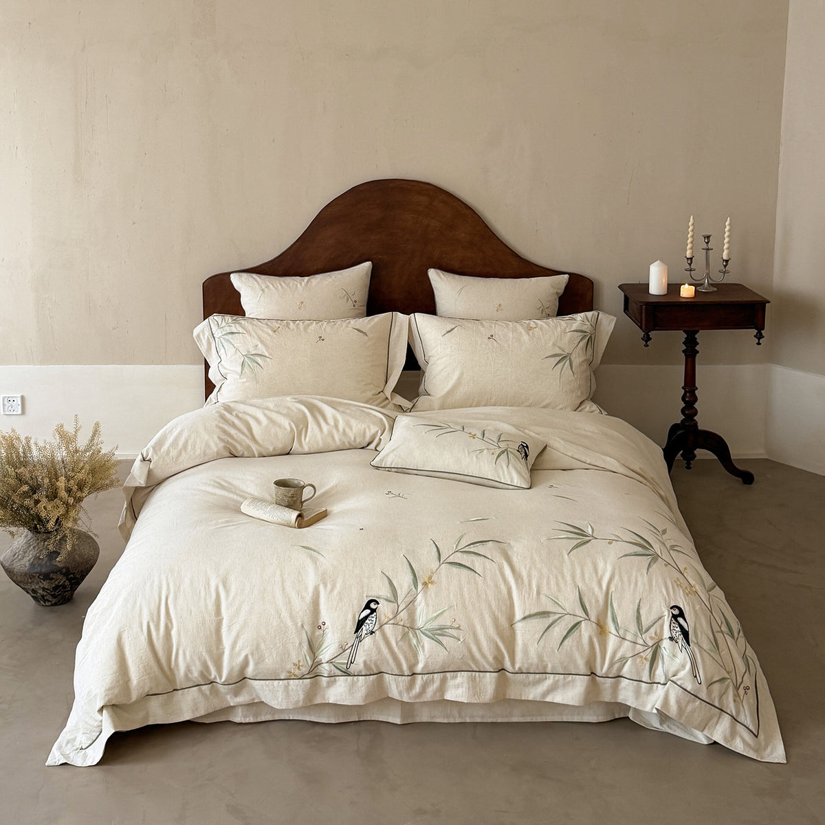 Naturlinen Bestickte Botanische Bettbezug Set mit Handgezeichnetem Vogelmotiv