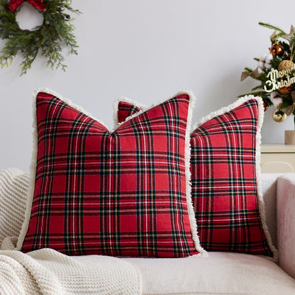 Plaid Sherpa-Trim Quadrat Dekorative Wurfkissenbezug