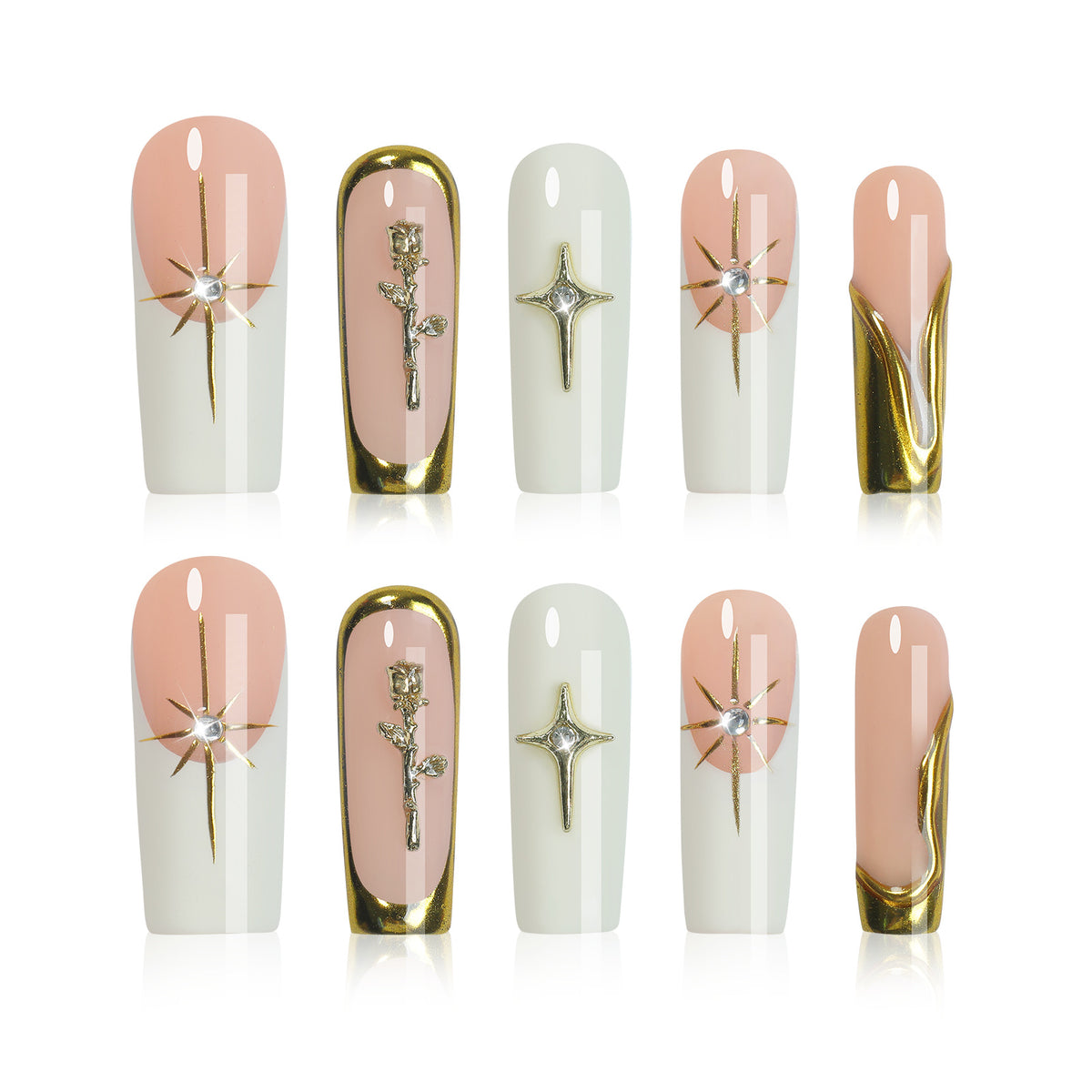 Kreatives Kunstnagelset mit goldenen Akzenten und floralen Details Brehn