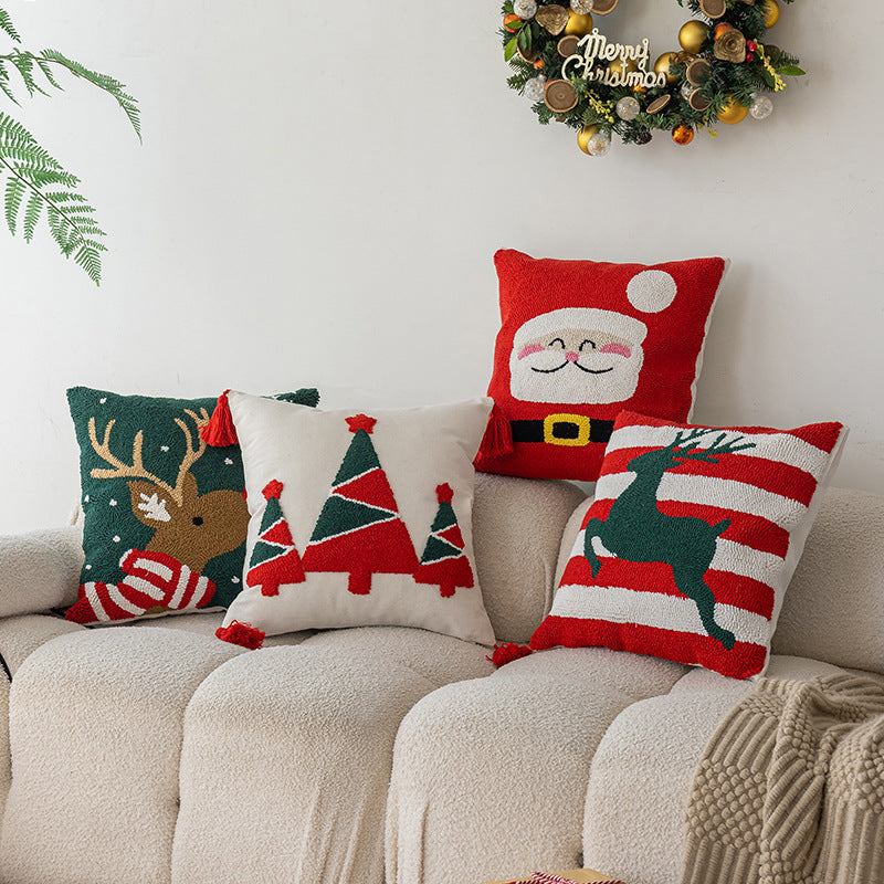 Quadratisches Holiday-Tufted Baumwoll-Wurfkissen mit Quaste-Ecken und Applizierten Weihnachtsbäumen