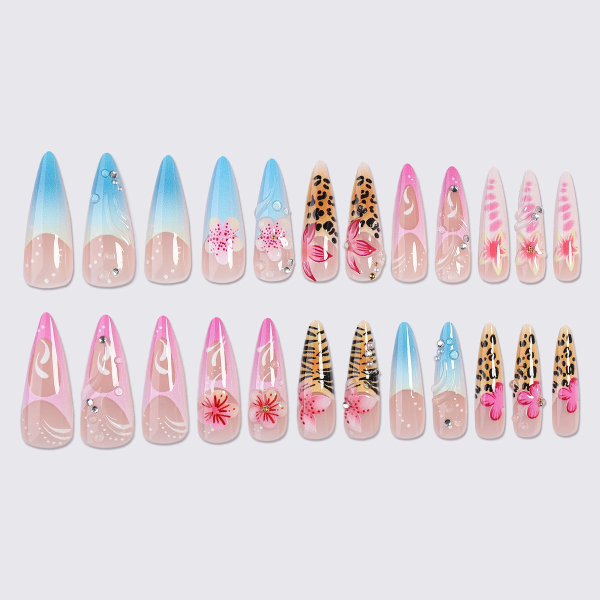 Kunstnagelset mit floralen und tierischen Designs Brehn