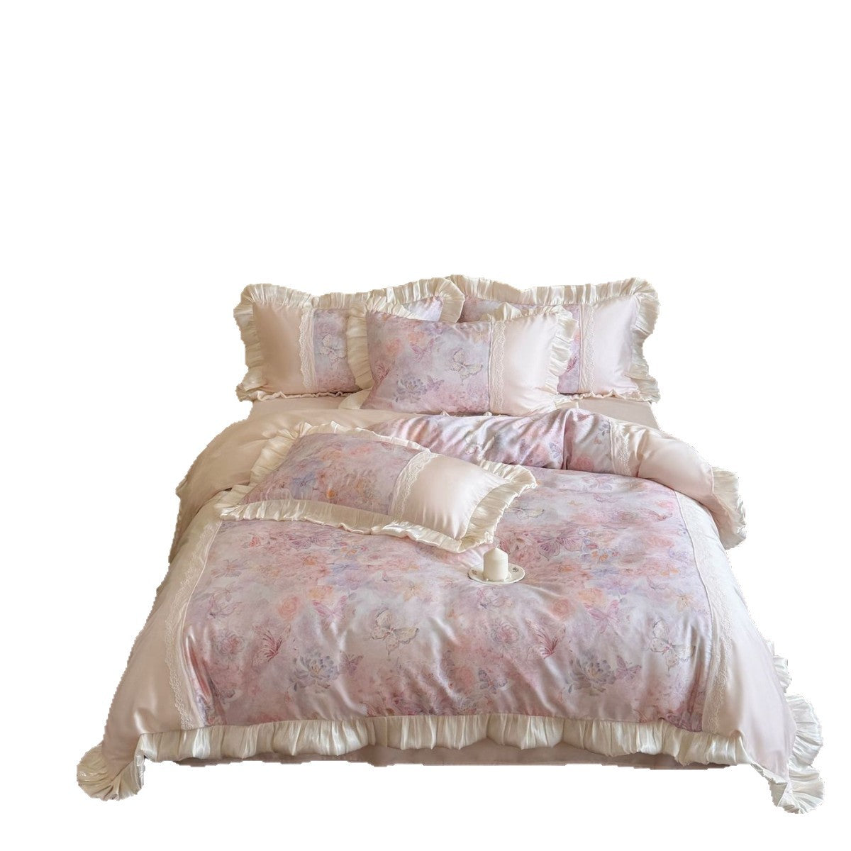Bettwäsche-Garnitur im Vintage-Stil aus seidigem Satin mit Rüschenbordüre und Spitzenpaneel
