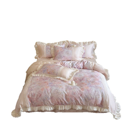 Bettwäsche-Garnitur im Vintage-Stil aus seidigem Satin mit Rüschenbordüre und Spitzenpaneel