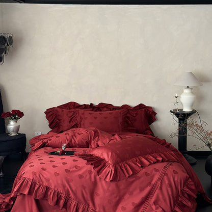 Luxuriöse Satin-Bettwäschegarnitur mit Herz-Jacquard, Volant-Rüschen und Hotelverschluss Brehn