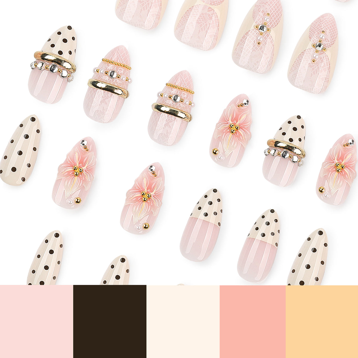 Kunstvolle Nagelverlängerungen mit eleganten floralen und Glitzer-Akzenten Brehn