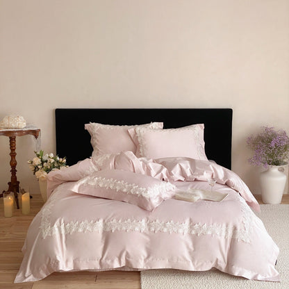 Satin Bettbezug Set mit Spitzenbesatz und Kissenbezügen mit Wimpernfransen