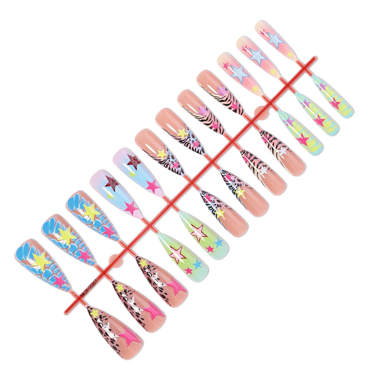 Künstlerisches Press-on-Nagelset mit bunten Sternmustern Brehn