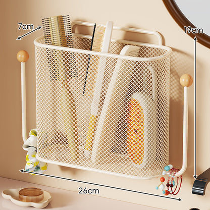 Wandmontierter Mesh-Waschtisch-Organizer-Korb mit zwei Holzknopf-Haken