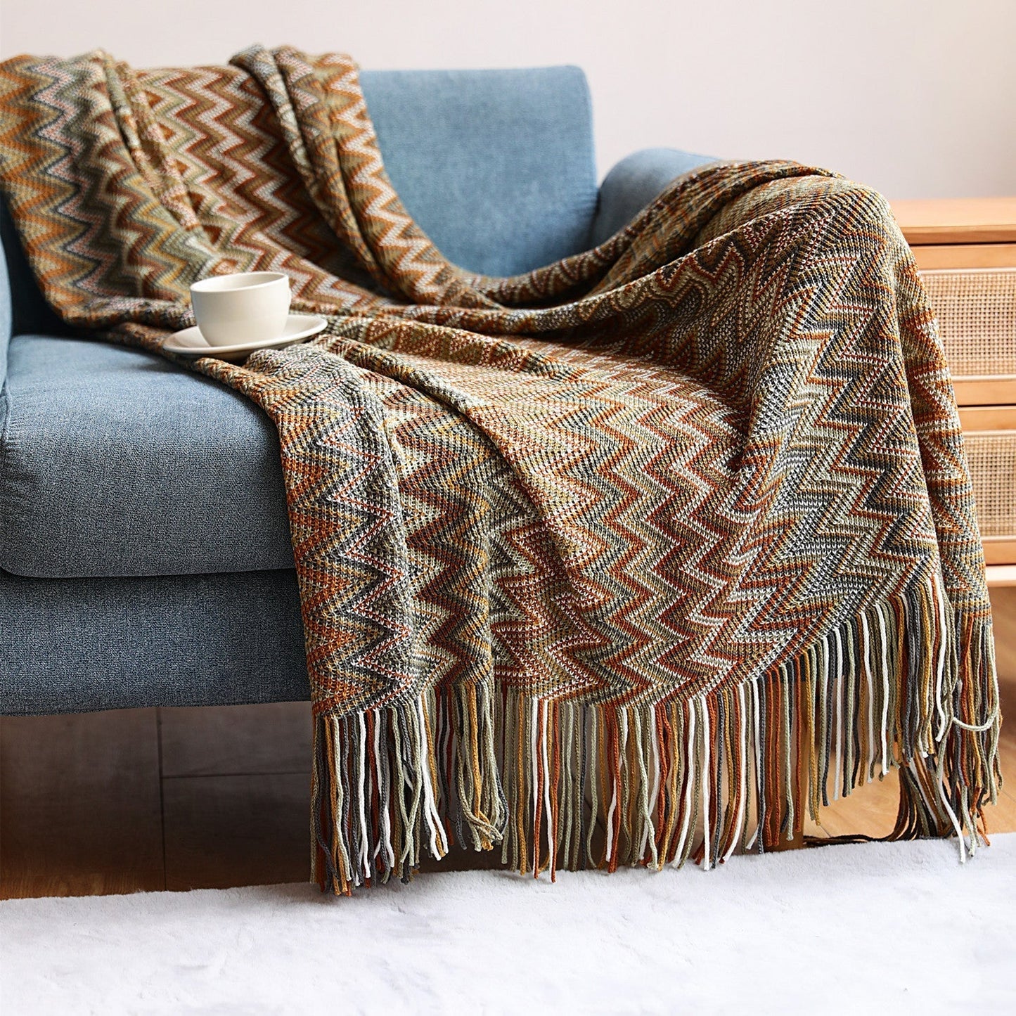 Boho Chevron Bettbezug – Handgewebt – Mit Fransen – Warme Erdtöne | Brehn