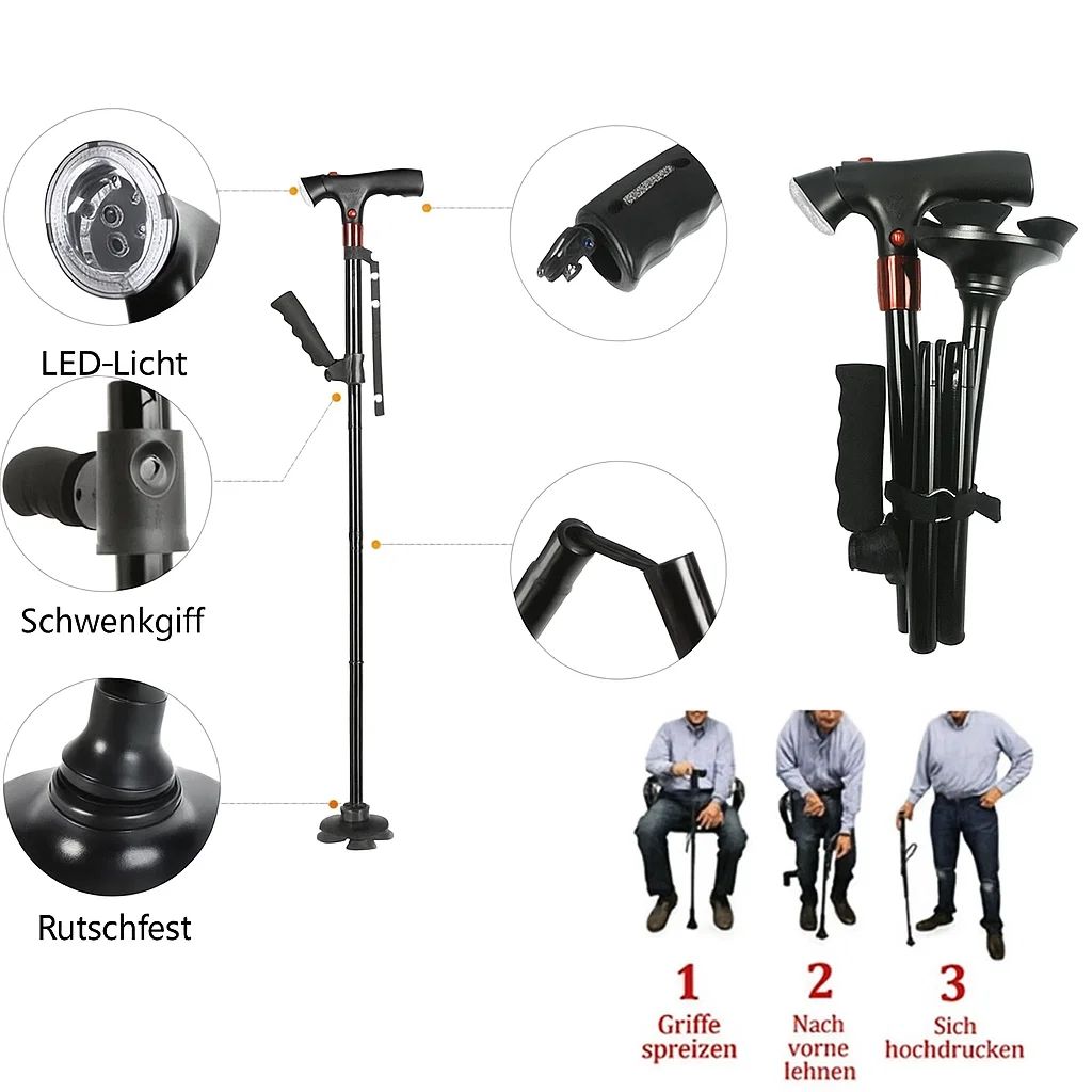 Faltbarer Gehstock mit LED-Licht | Höhenverstellbar | Rutschfeste Unterseite | Alarmfunktion | Leichtes Aluminium