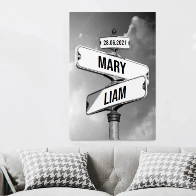 Personalisiertes Vintage-Straßenschild aus Leinwand für Paare