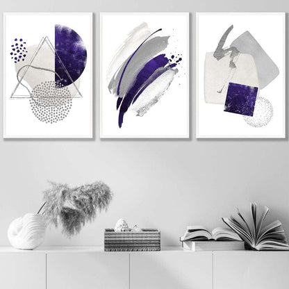 Abstrakte lila-silberne Aquarellformen, 3er-Druckset