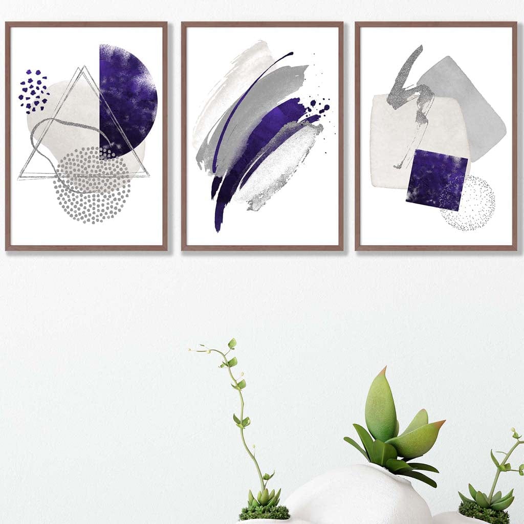 Abstrakte lila-silberne Aquarellformen, 3er-Druckset