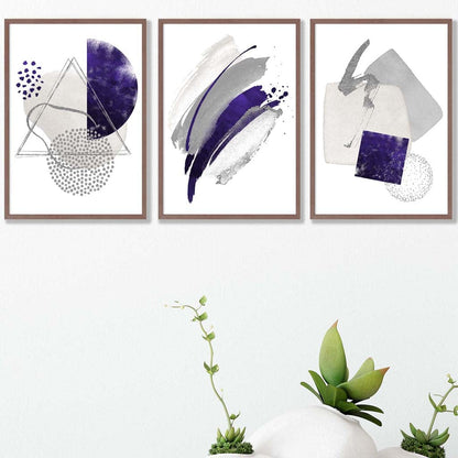 Abstrakte lila-silberne Aquarellformen, 3er-Druckset