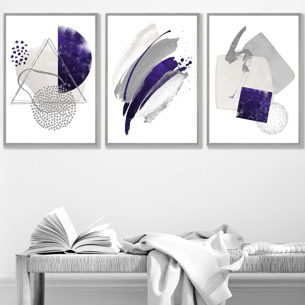 Abstrakte lila-silberne Aquarellformen, 3er-Druckset