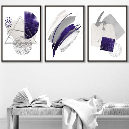 Abstrakte lila-silberne Aquarellformen, 3er-Druckset
