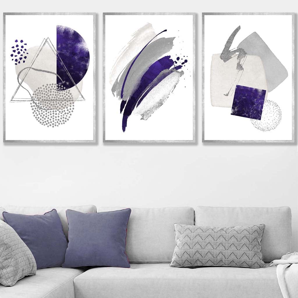 Abstrakte lila-silberne Aquarellformen, 3er-Druckset