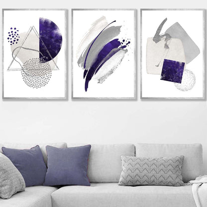 Abstrakte lila-silberne Aquarellformen, 3er-Druckset