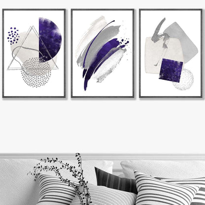 Abstrakte lila-silberne Aquarellformen, 3er-Druckset