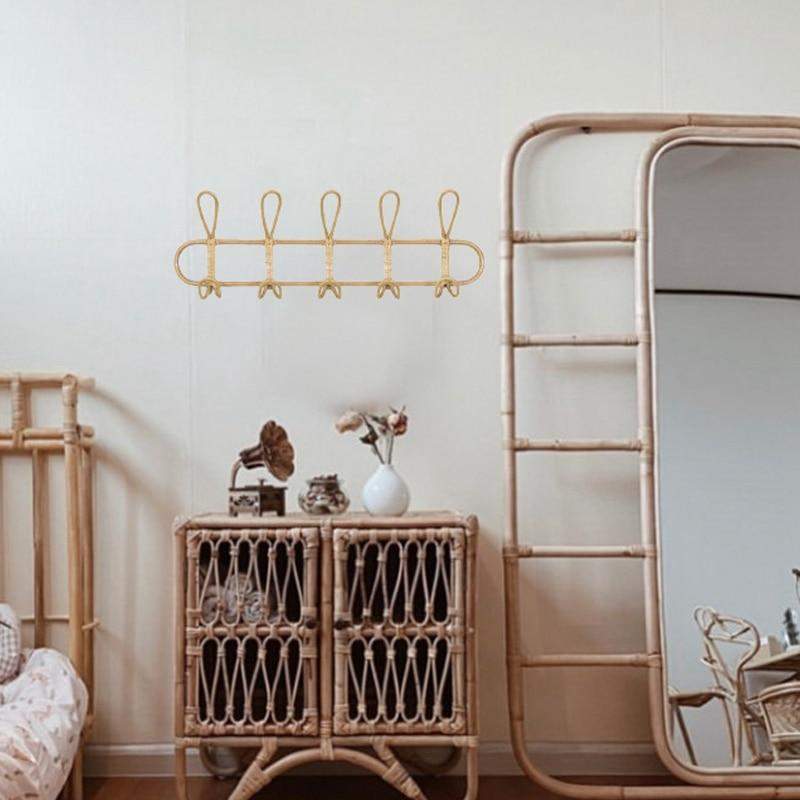 Rattan Wandhalter mit 5 Haken für Jacken, Taschen und Handtücher | Brehn