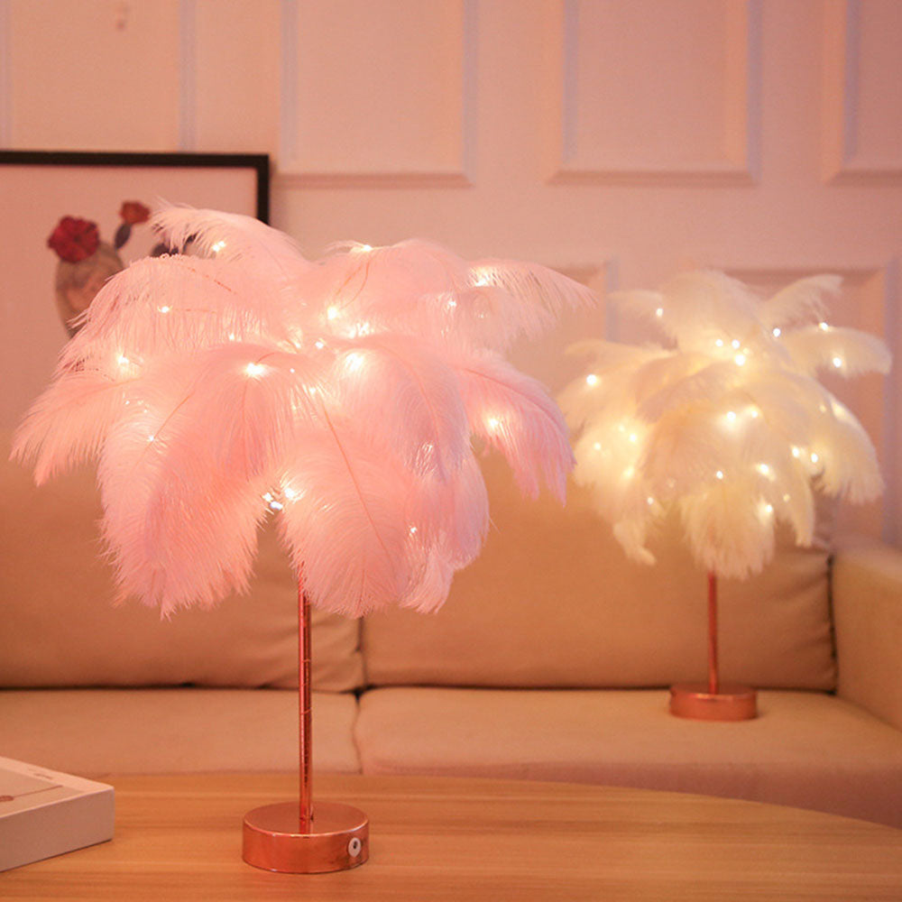 Strauß Nachtlicht | Exzentrische Lampe mit Federn & Roségold-Basis | Brehn