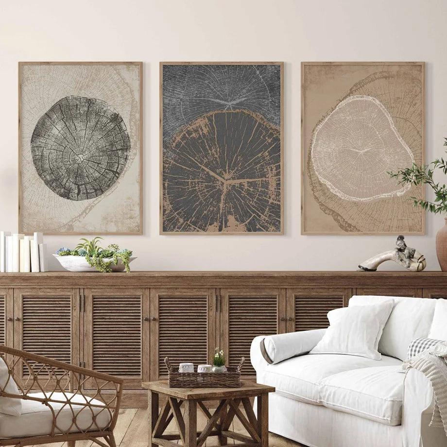 Rustikale Baumringe Abstrakte Nordische Wandkunst Fine Art Leinwanddrucke Neutrale Töne Beige/Grau/Schwarz Holzbilder Für Wohnzimmer Esszimmer Kunst Dekor