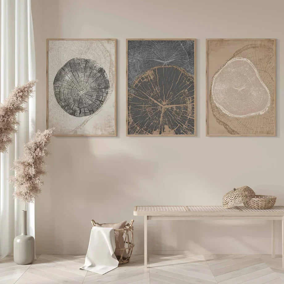 Rustikale Baumringe Abstrakte Nordische Wandkunst Fine Art Leinwanddrucke Neutrale Töne Beige/Grau/Schwarz Holzbilder Für Wohnzimmer Esszimmer Kunst Dekor