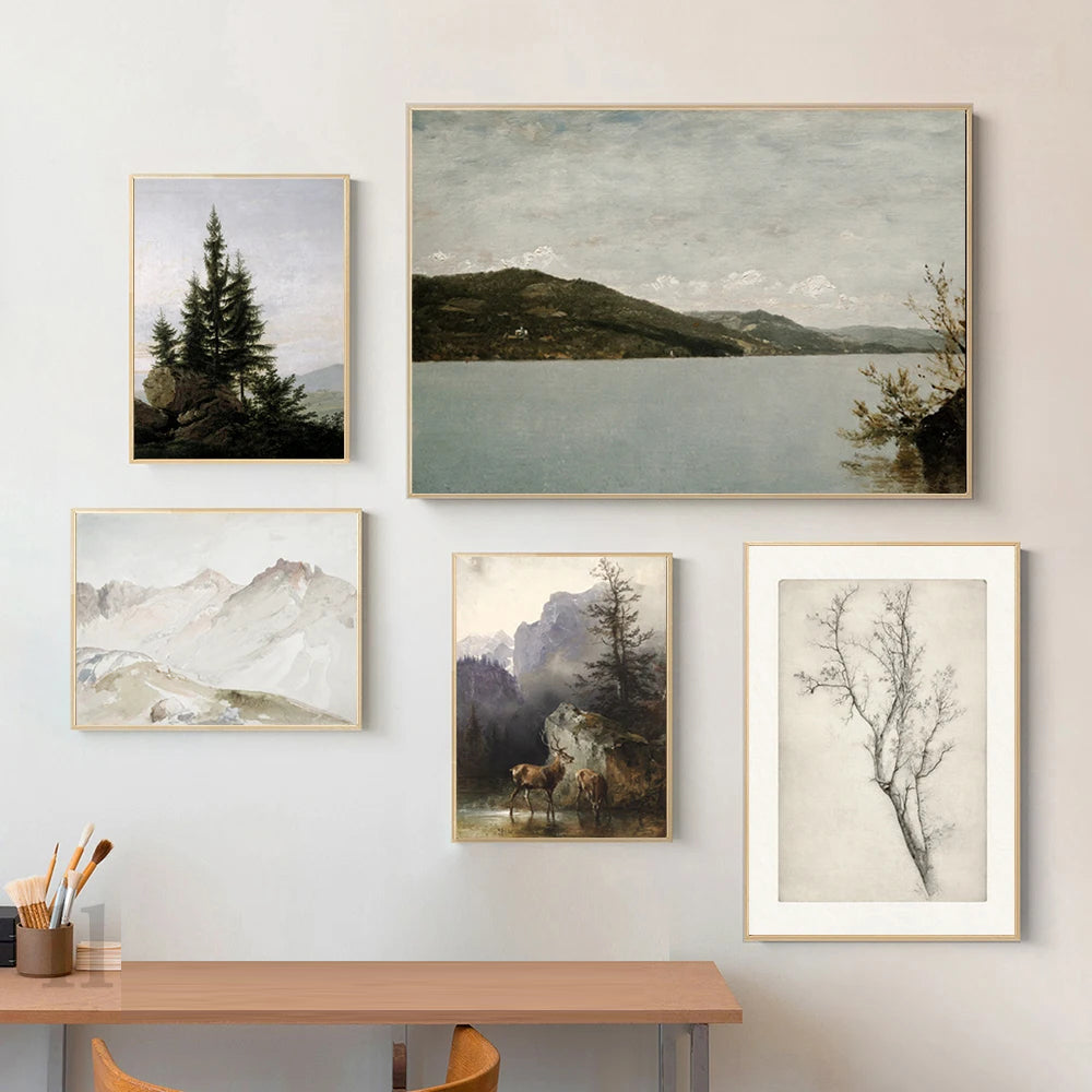 Rustikale Vintage-Landschaftsölgemälde Bergwald Wandkunst Kunstdrucke Galerie Wandbilder für Wohnzimmer Esszimmer Kunstdekoration | Brehn