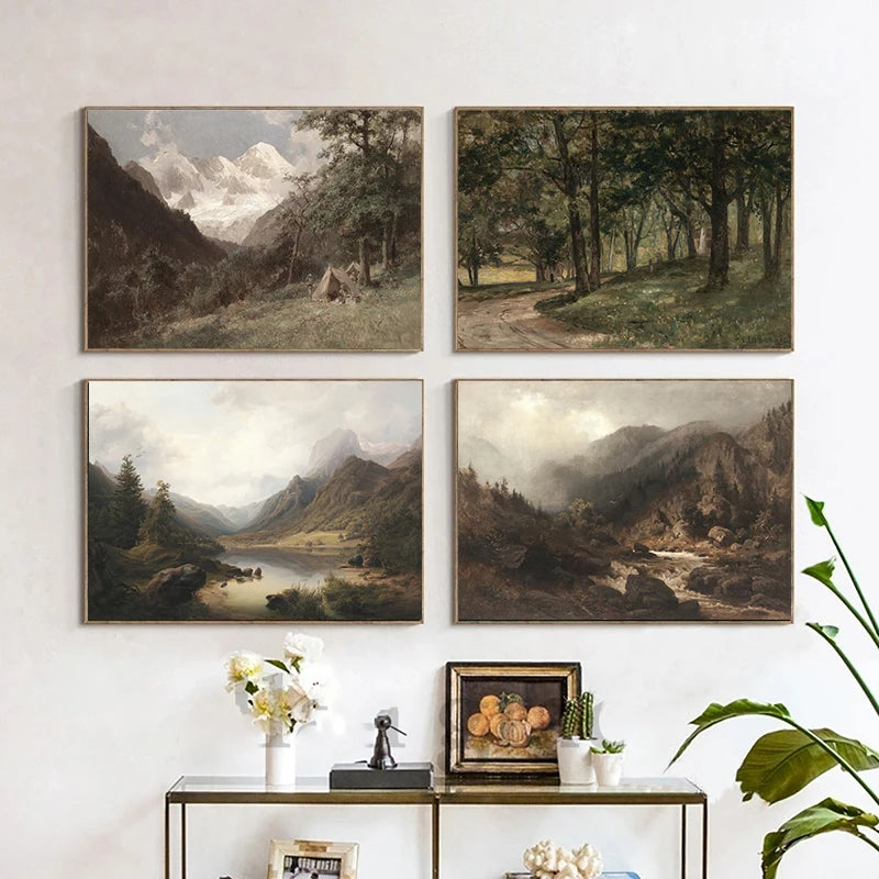 Rustikale Vintage-Landschaftsölgemälde Bergwald Wandkunst Kunstdrucke Galerie Wandbilder für Wohnzimmer Esszimmer Kunstdekoration | Brehn