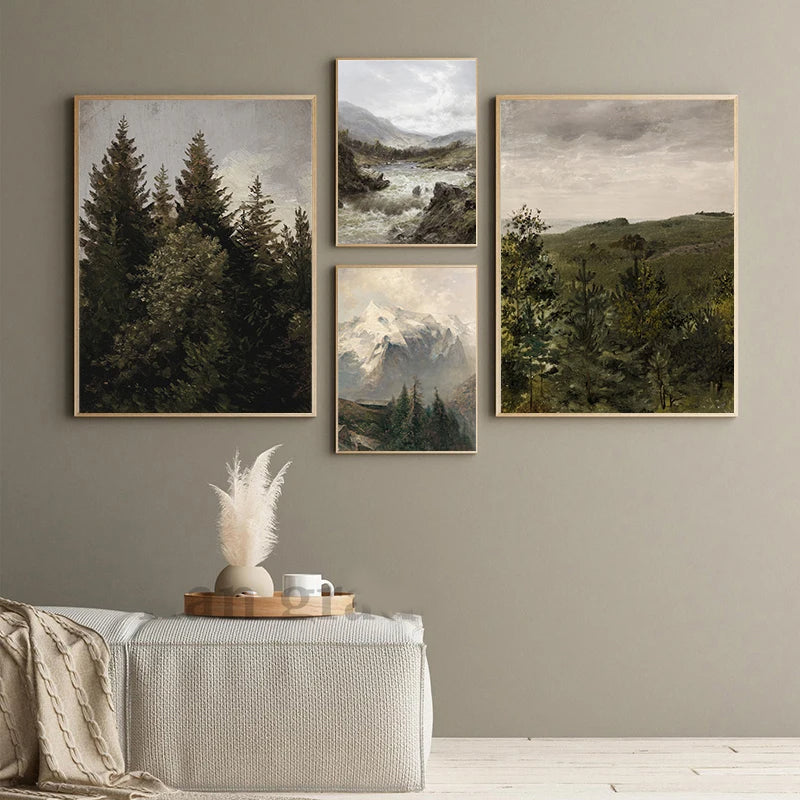 Rustikale Vintage-Landschaftsölmalerei Bergwald Wandkunst Fine Art Leinwanddrucke Galerie Wandbilder für Wohnzimmer Esszimmer Kunstdekoration