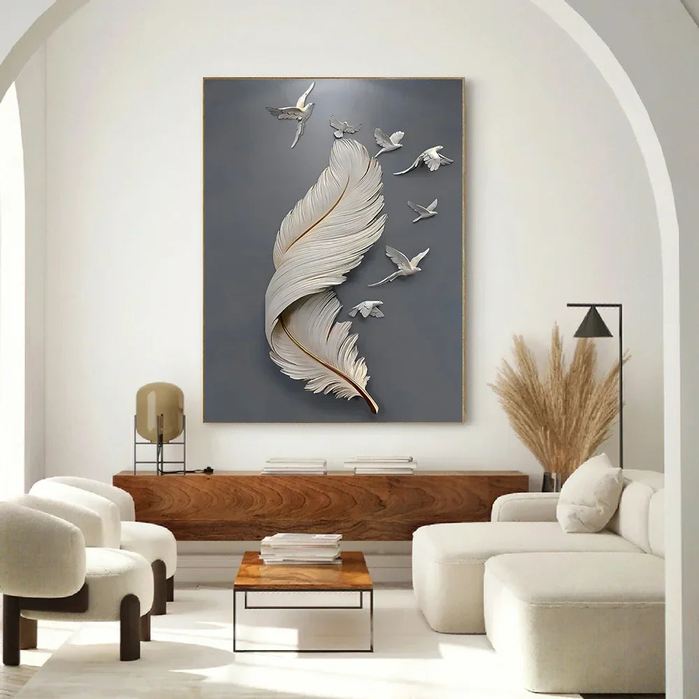 Sieben Vögel Feder Wandkunst Fine Art Leinwanddrucke 3D Visualisierung Minimalistische abstrakte Bilder für Wohnzimmer Eingang, Foyer Kunst Dekor | Brehn