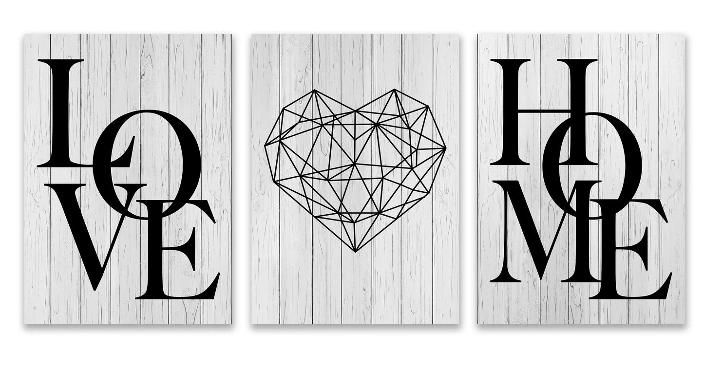 Set aus 3 Stück Geometrische Liebe Zuhause Herz Wandkunst Feine Kunst Leinwanddrucke Schwarz Weiß Minimalistische Poster Bilder Für Wohnzimmer Schlafzimmer Kunst Dekor | Brehn
