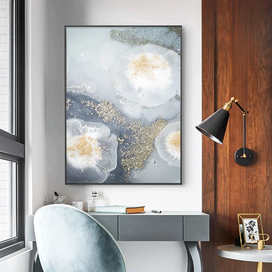 Blaue Weiße Goldene Abstrakte Florale Wandkunst Fein Kunst Leinwanddrucke Poster Bild Für Modernes Wohnzimmer Schlafzimmer Nordische Wohnkultur | Brehn