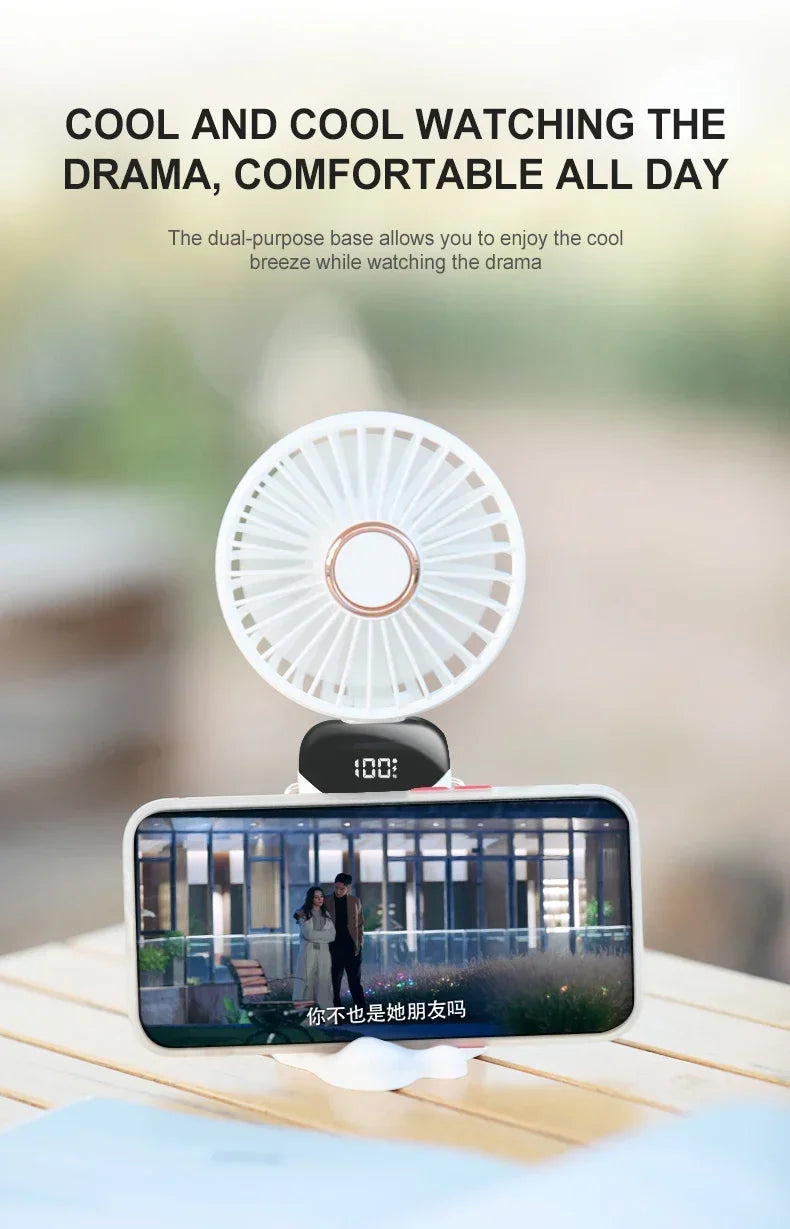 5000mAh Handheld Mini Ventilator – Kabelloser USB wiederaufladbarer tragbarer Ventilator mit digitaler Anzeige, Telefonhalter, 5-Geschwindigkeits faltbarer Nacken-Hängevantilator | Brehn