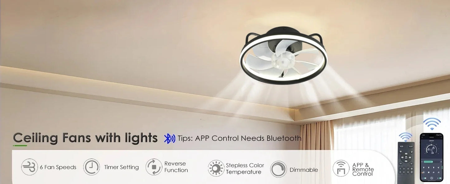 Moderner LED-Deckenventilator mit DC-Motor - 6 Geschwindigkeiten, Timer, Niedrigboden-Dachventilator, Fernbedienung Dekorative Beleuchtung | Brehn