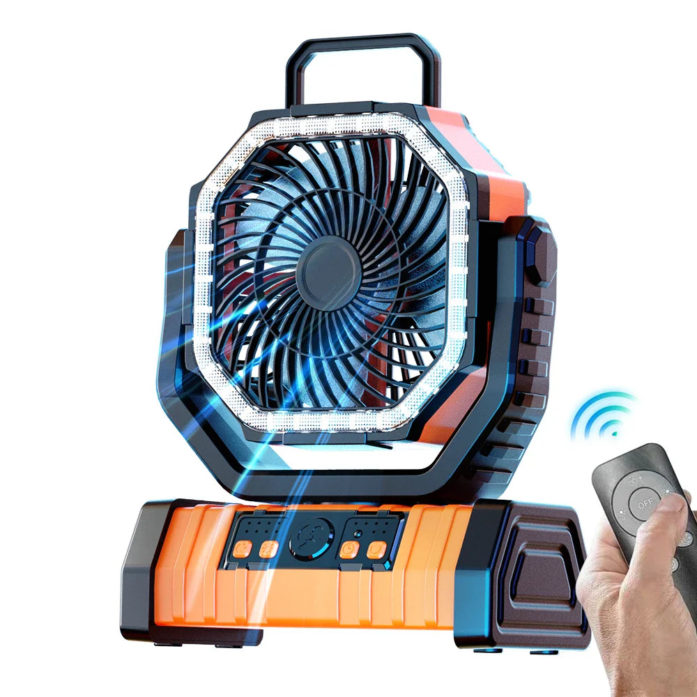20000mAh Tragbarer Wiederaufladbarer Ventilator — Akku-Betriebene Tisch- & Camping-Lüfter mit LED-Licht & Haken für Zelt, Auto und Outdoor-Ausflüge | Brehn