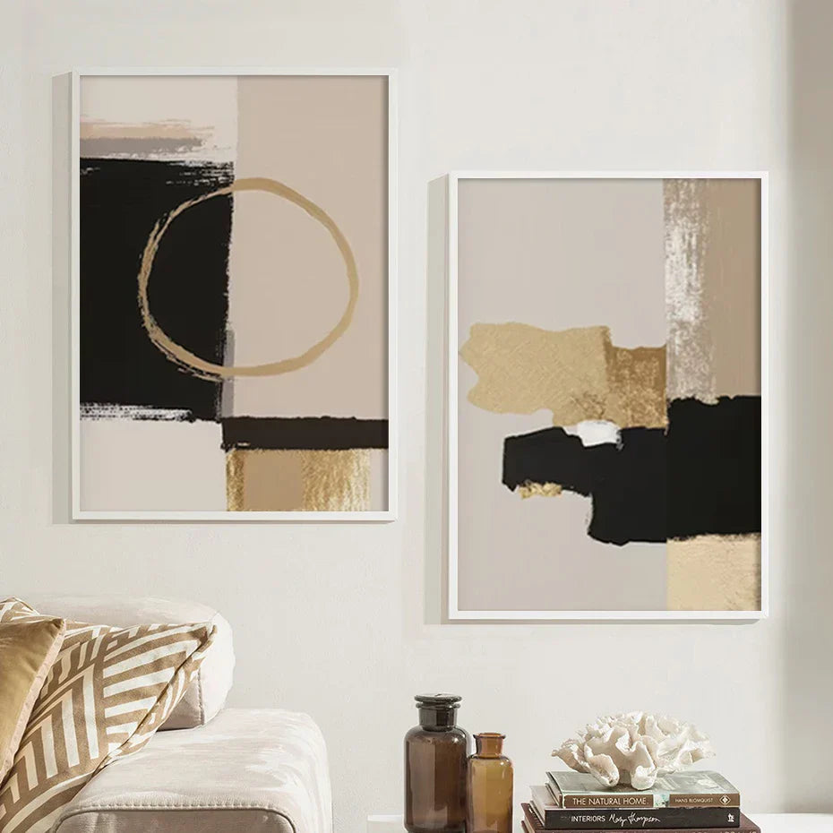 Schwarz Beige Gold Farbblock Abstrakte Wandkunst Fine Art Leinwanddrucke Moderne Bilder Für Wohnzimmer Schlafzimmer Zeitgenössische Inneneinrichtung | Brehn