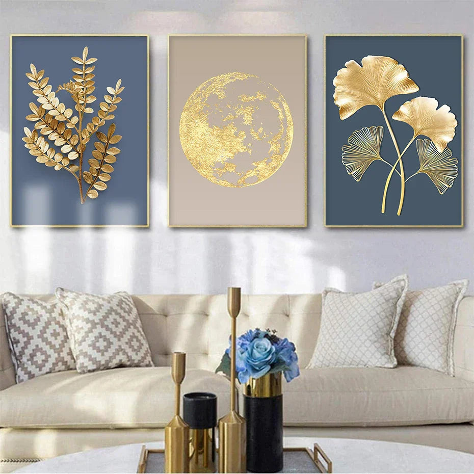 Blaue Minimalistische Goldene Abstrakte Florale Wandkunst Feine Kunst Leinwanddrucke Bilder Für Luxuriöses Wohnzimmer Esszimmer Home Office Kunst Dekor | Brehn