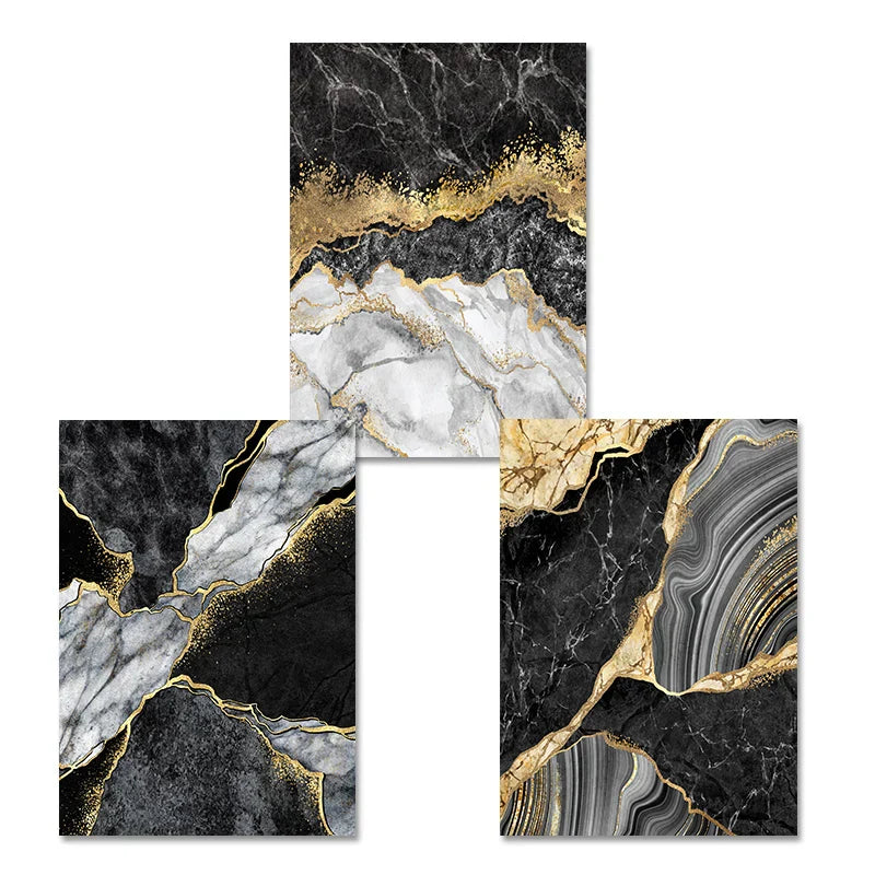 Moderne abstrakte schwarze graue goldene Geode-Marmor-Druck Wandkunst Fine Art Leinwanddrucke Bilder für luxuriöse Wohnung Wohnzimmer Home Office Dekor | Brehn