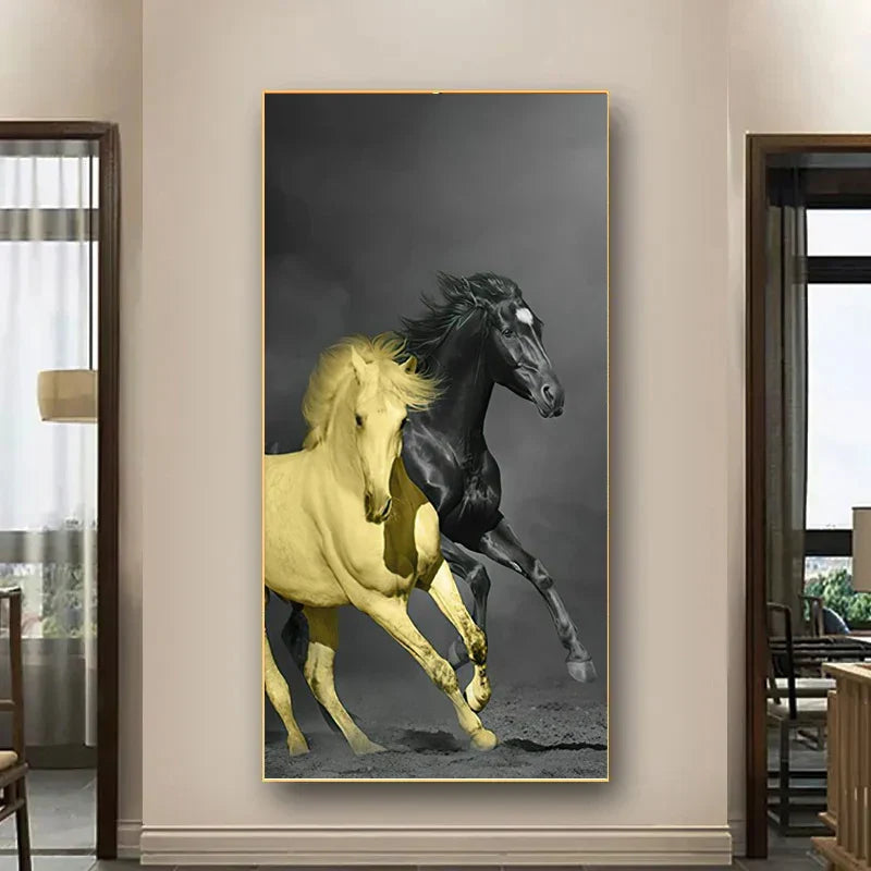 Elegante Reiter Wandkunst Fine Art Leinwanddruck Majestätisches Braunes Pferdeporträt auf abstraktem orangen Hintergrund für Bilder für moderne Inneneinrichtung